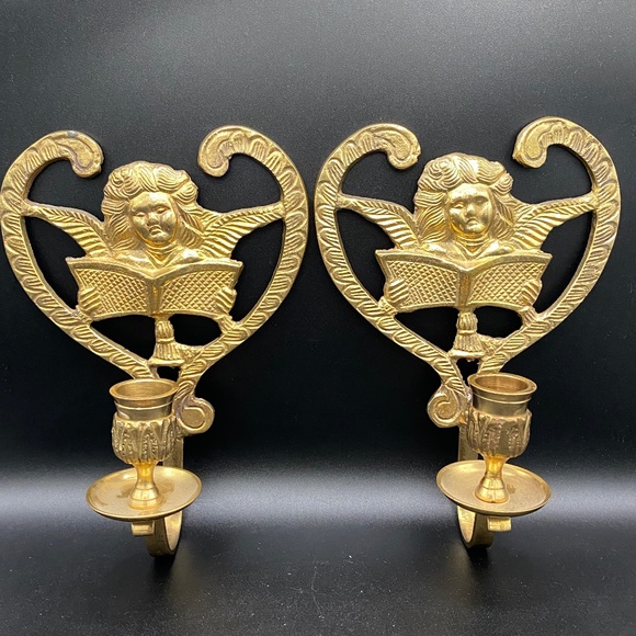 Candle Sconce x2 brass, christmas cherub with song book, VTG 1970s India - Picture 1 of 4